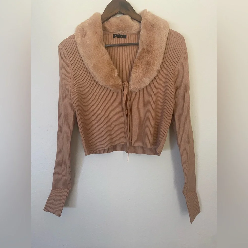 NWOT Love Tree Camel Tie-Accent Shawl Collar Cardigan - Picture 2 of 7